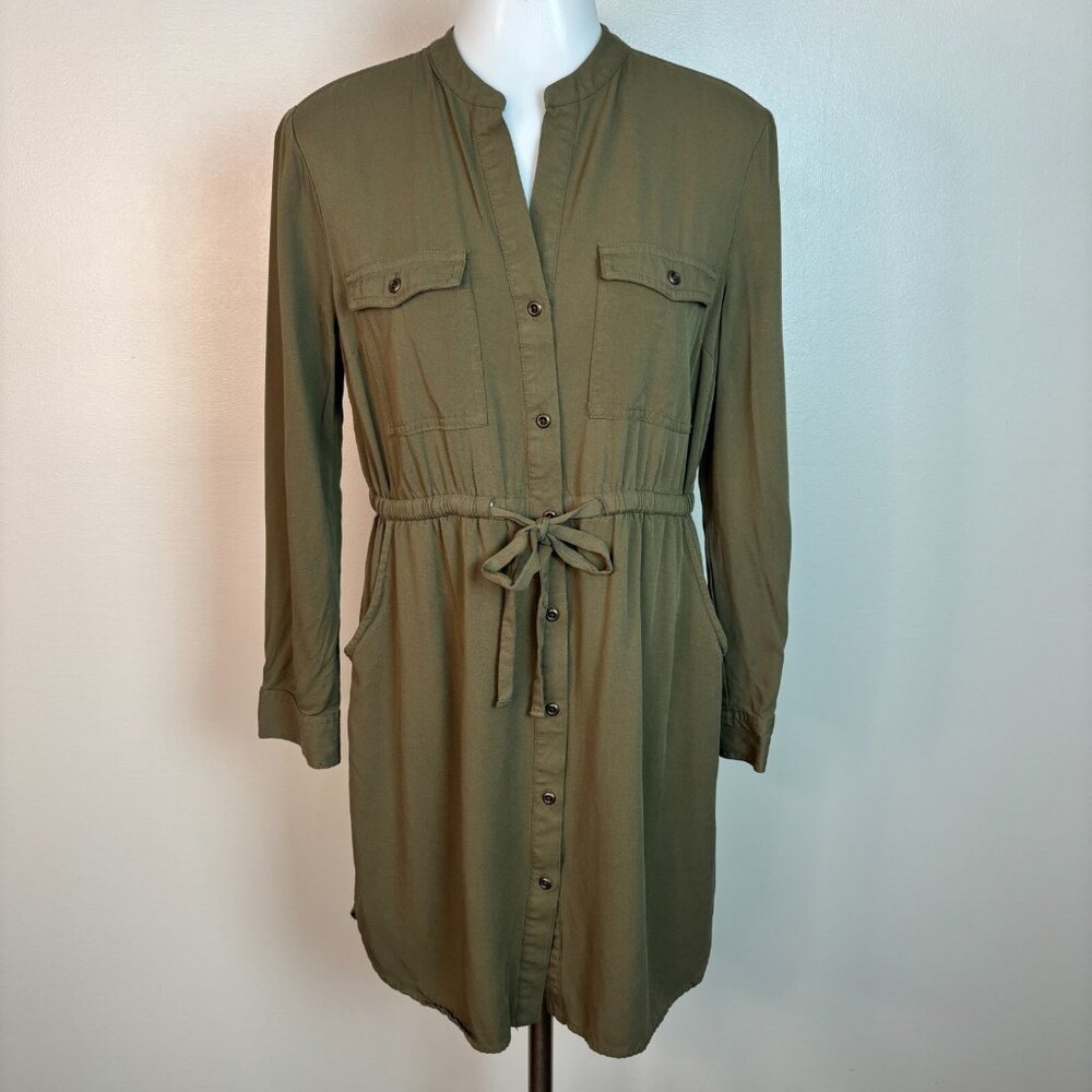 Old Navy Dress Small Olive Green Button-Through Utility Pockets Drawstring Waist